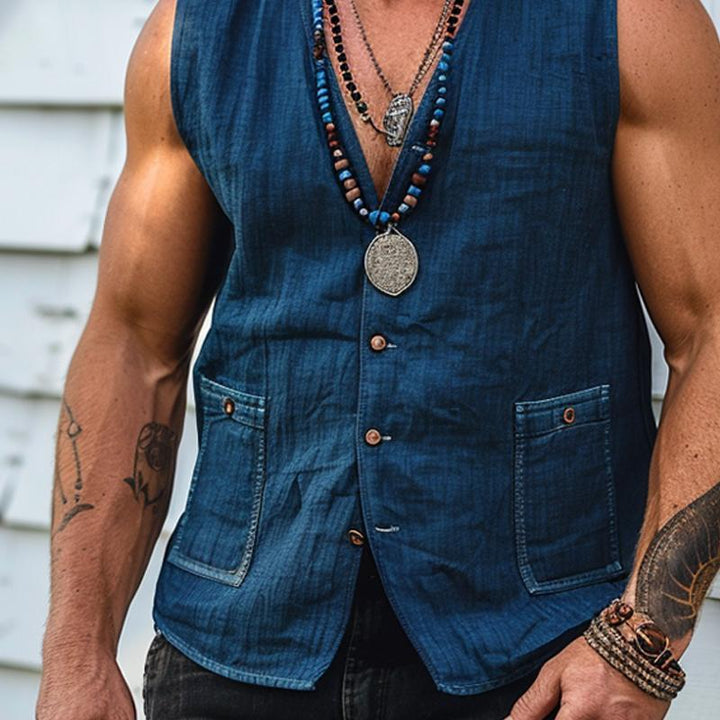 Men's Retro Washed Denim V-Neck Vest - Style 36695763X