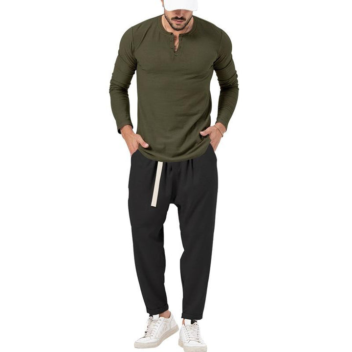 Conjunto informal de camiseta Henley de manga larga y pantalón para hombre.