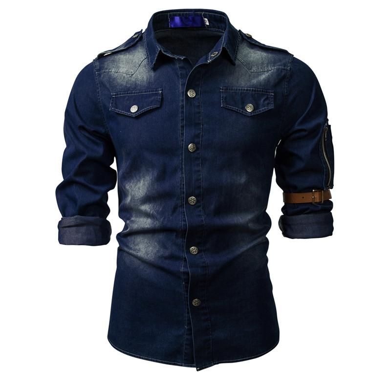 Men's Long Sleeve Washed Denim Shirt - Style 38818803X