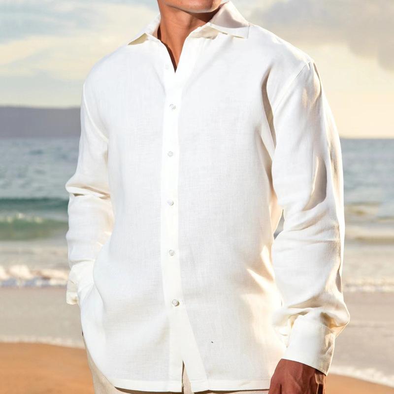 Camisa de manga larga de color liso con solapa para hombre
