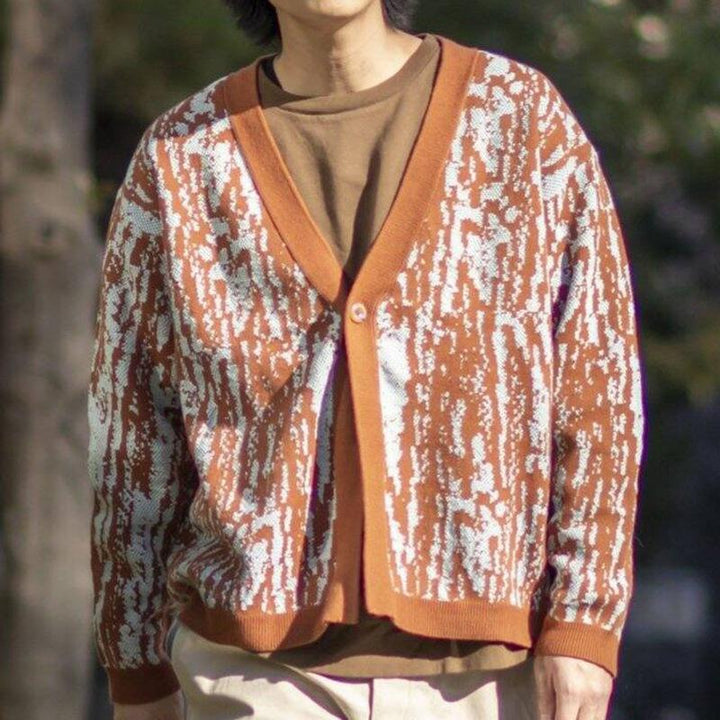 Men's Retro V-Neck Thick Jacquard Knit Cardigan - Style 14694179M