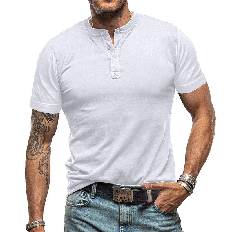 Men's Classic Solid Color Short Sleeve Henley T-Shirt - Style 99269418Y