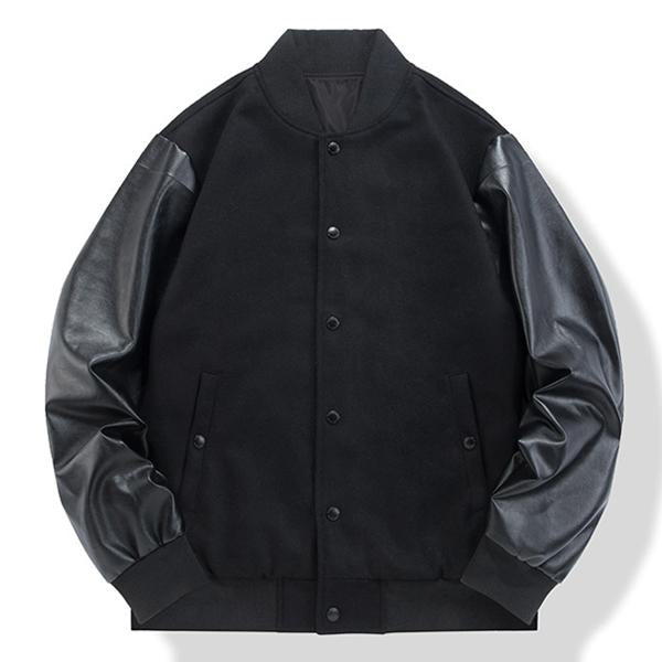 Men's Casual Baseball Jacket with Wool and Leather Panels - Style 08101399M