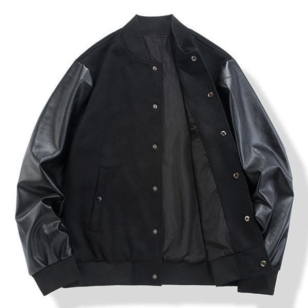 Men's Casual Baseball Jacket with Wool and Leather Panels - Style 08101399M
