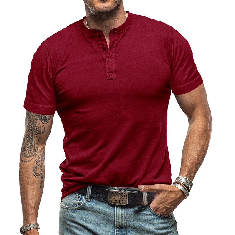 Men's Classic Solid Color Short Sleeve Henley T-Shirt - Style 99269418Y