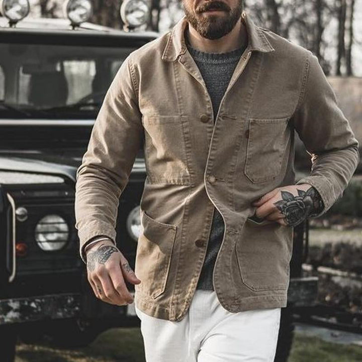 Men's Retro Distressed Canvas Jacket with Multiple Pockets - Style 72361516X