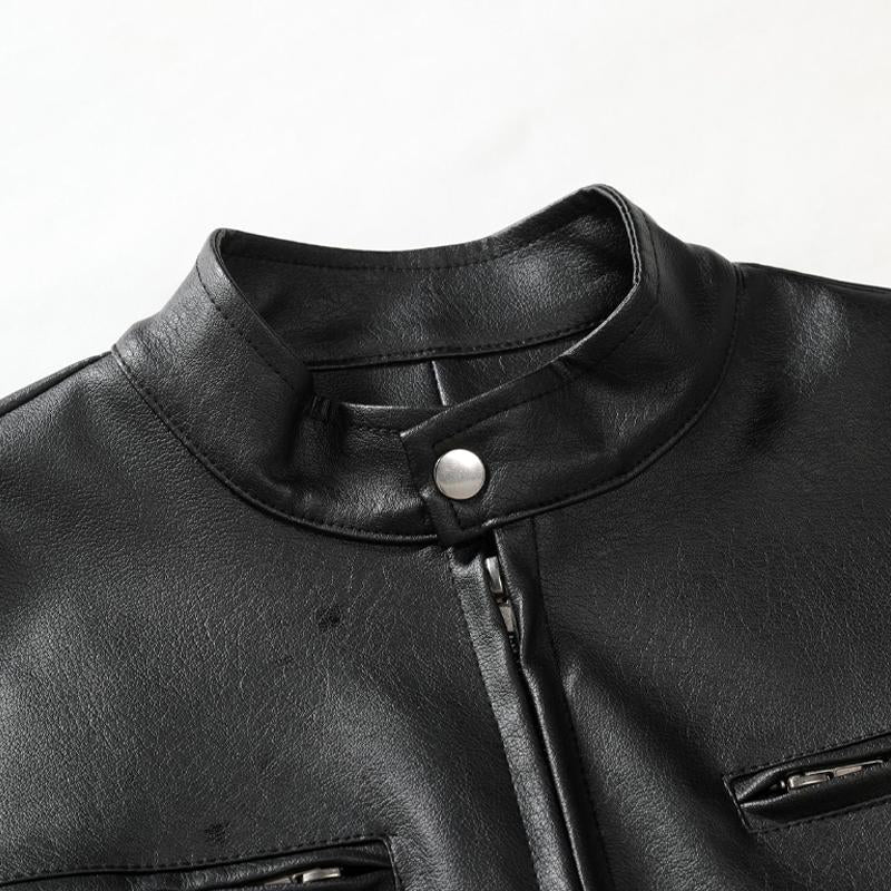 Men's Slim Fit Stand Collar Leather Jacket - Style 11233032X