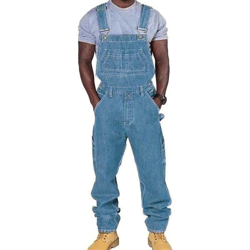 Men's Relaxed Fit Washed Denim Multi-Pocket Overalls