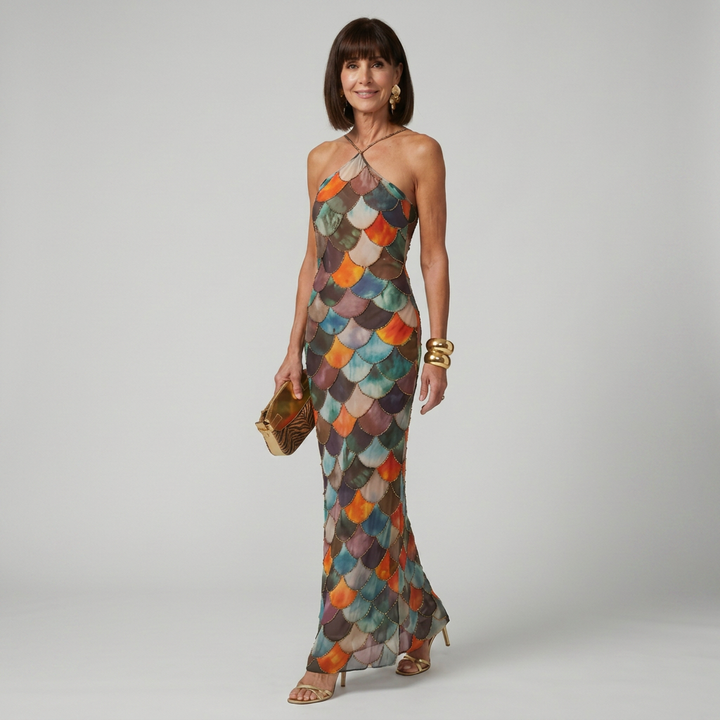 Catalina | Vestido Maxi de Patrón Escala Multicolor Ajustado