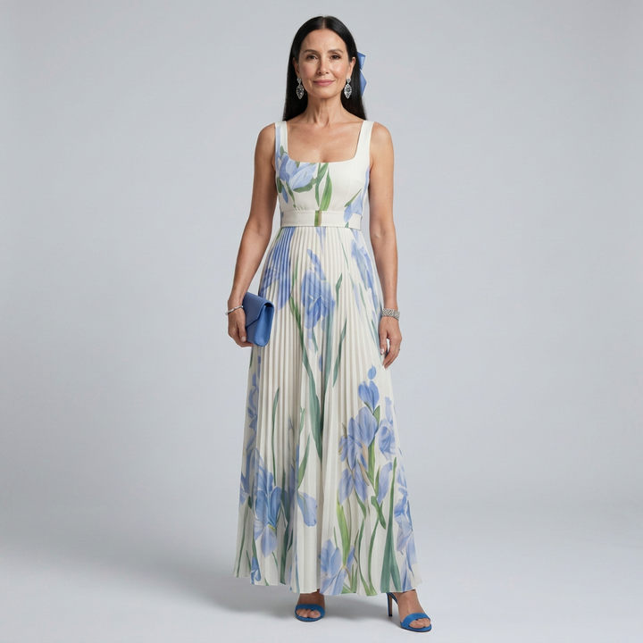 Alejandra | Vestido midi sin mangas con escote cuadrado y estampado floral
