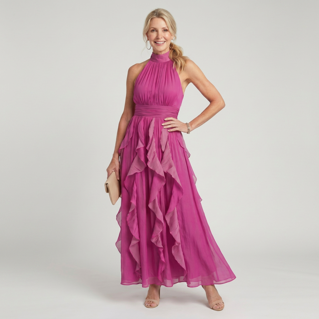 Jimena | Vestido Maxi con Cuello Alto y Volantes