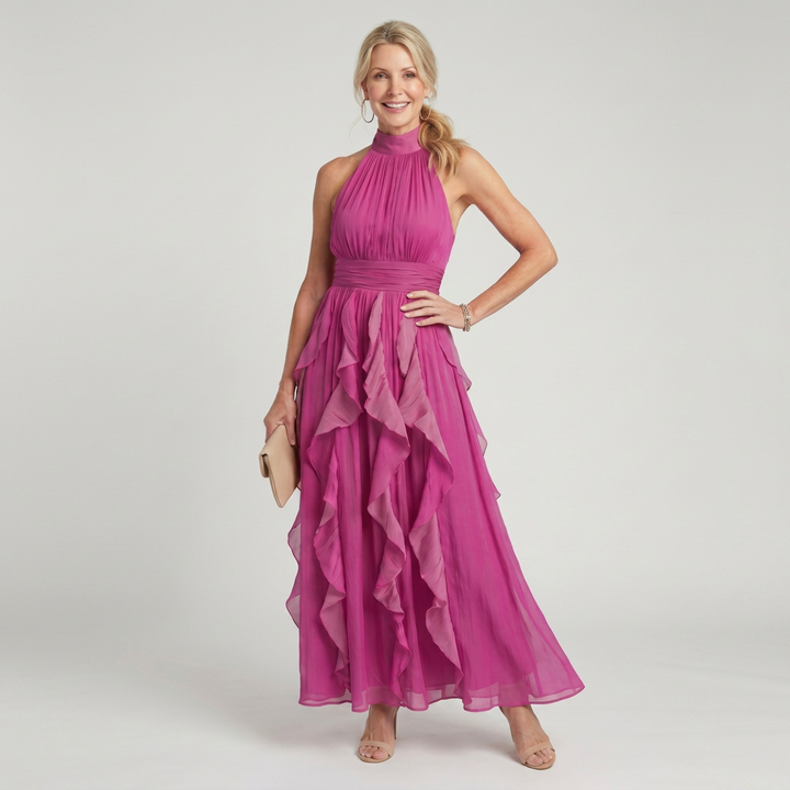 Jimena | Vestido Maxi con Cuello Alto y Volantes
