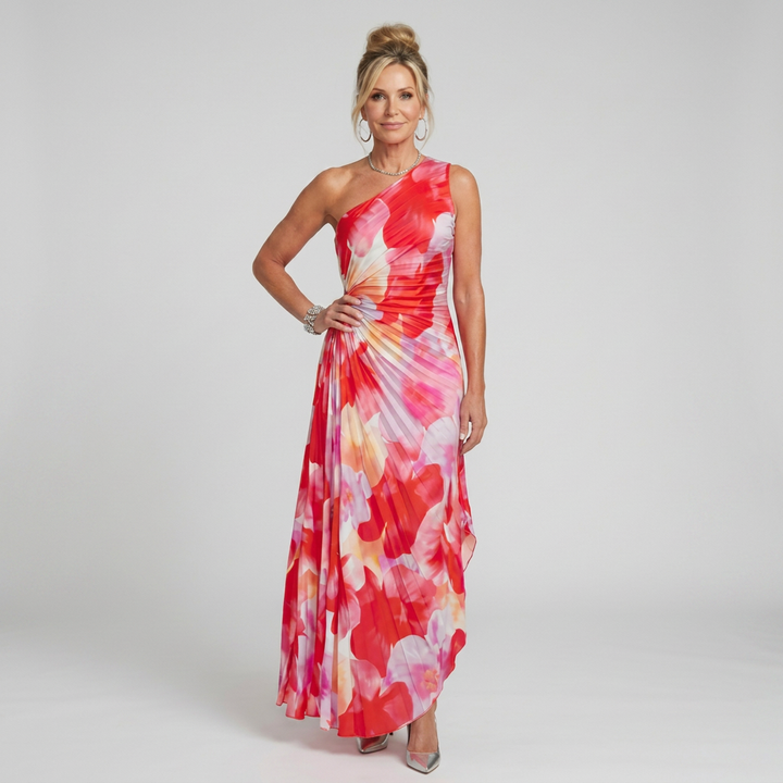 Mercedes | Vestido Midi con Cuerpo Plisado de Un Hombro