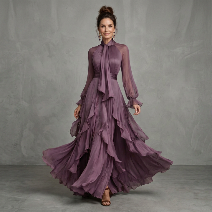 Gabriela | Vestido Maxí Ruffle con Cuello de Lazo