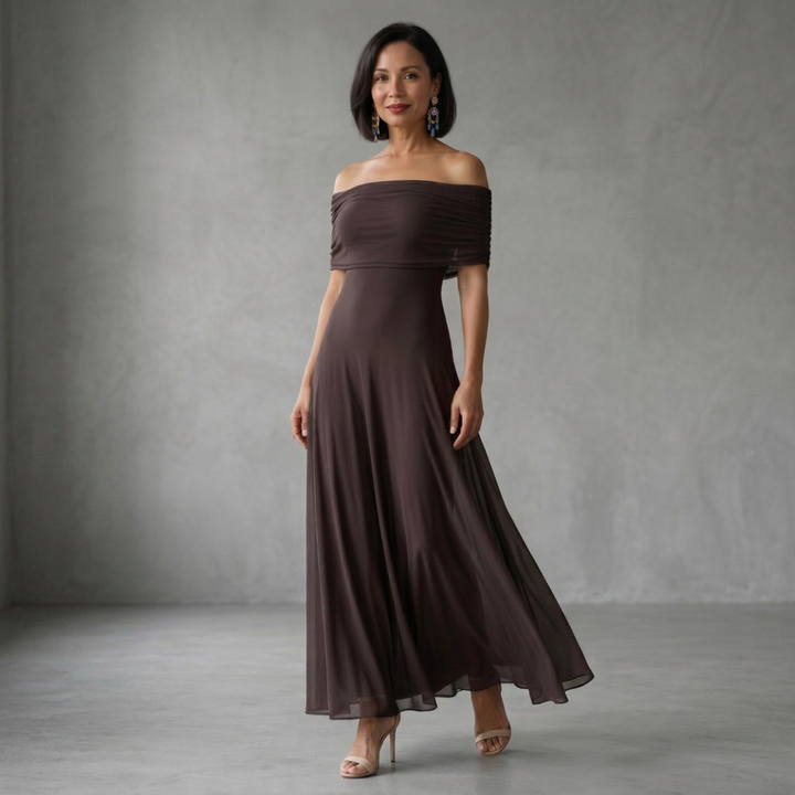 Eugenia | Vestido Midi Drapado con Hombros Descubiertos