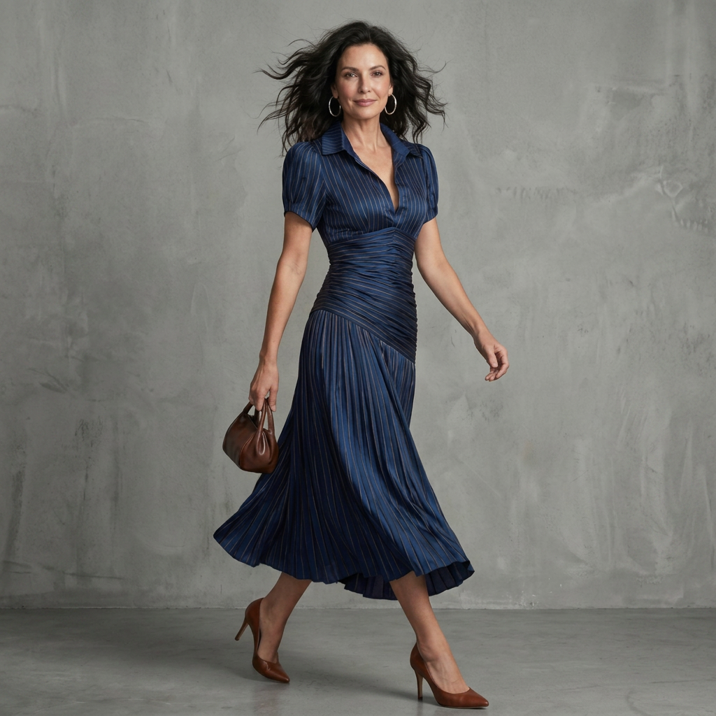 Rocío | Vestido midi con cintura plisada y rayas