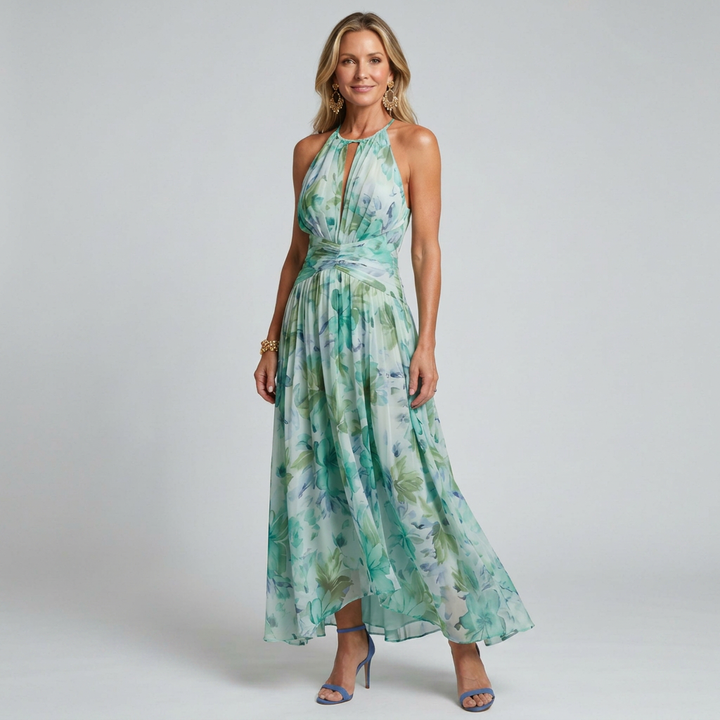 Adriana | Vestido Midi de Patrón Floral con Pliegues y Cuello Halter