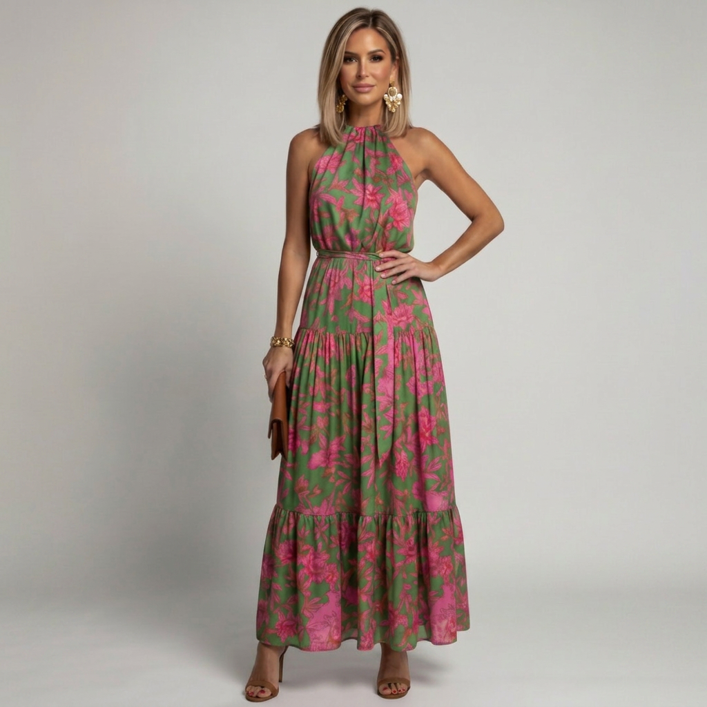 Clara | Vestido Midi con Cuello Halter Drapado