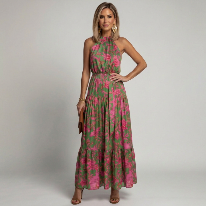 Clara | Vestido Midi con Cuello Halter Drapado
