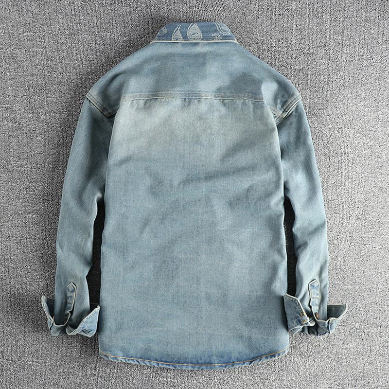 Men's Vintage Washed Denim Shirt with Cashew Flower Embroidery - Long Sleeve Style 40220583M