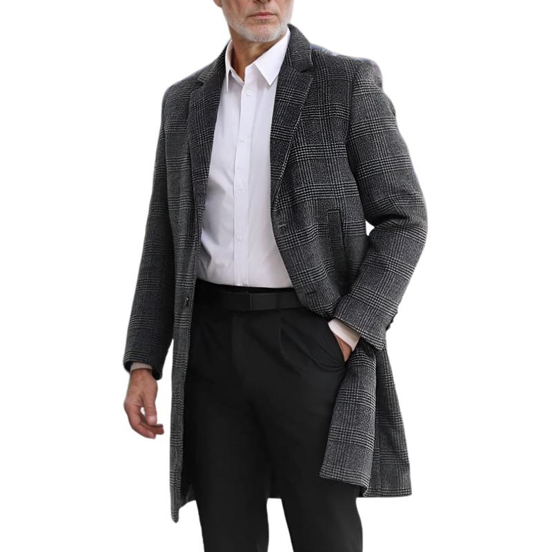 Men's Plaid Wool Mid-Length Lapel Coat