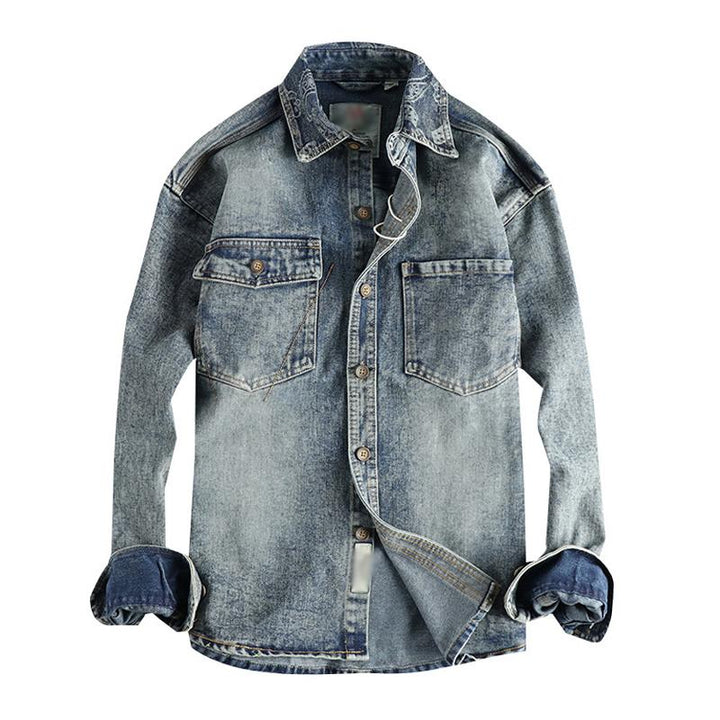 Men's Vintage Washed Denim Shirt with Cashew Flower Embroidery - Long Sleeve Style 40220583M