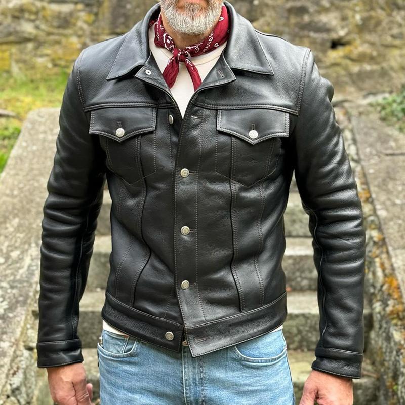 Men's Retro Leather Lapel Jacket with Chest Pocket