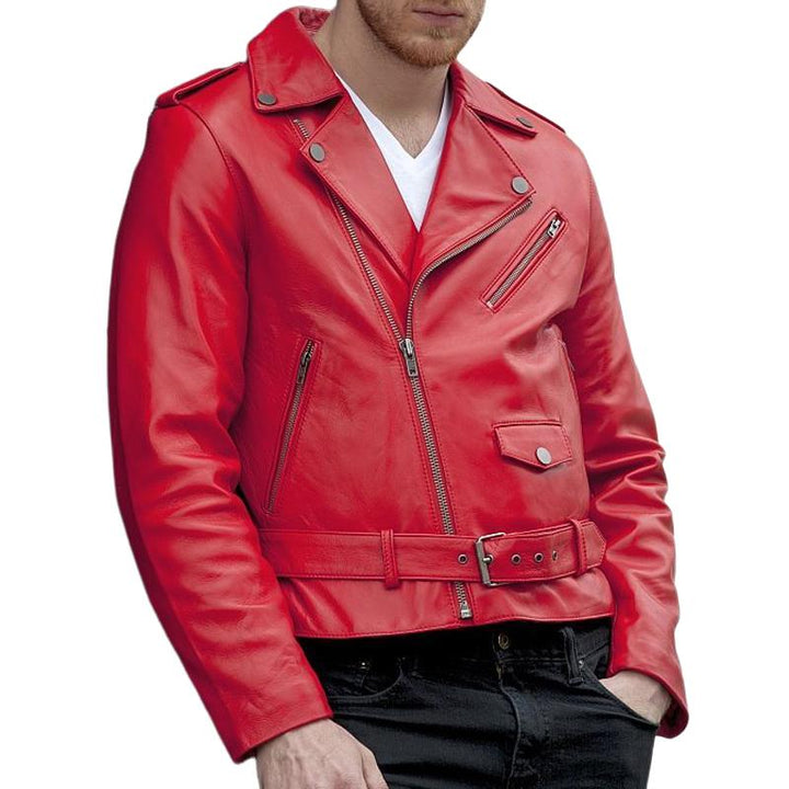 Men's Casual Solid Color Leather Motorcycle Jacket - Style 70049771X