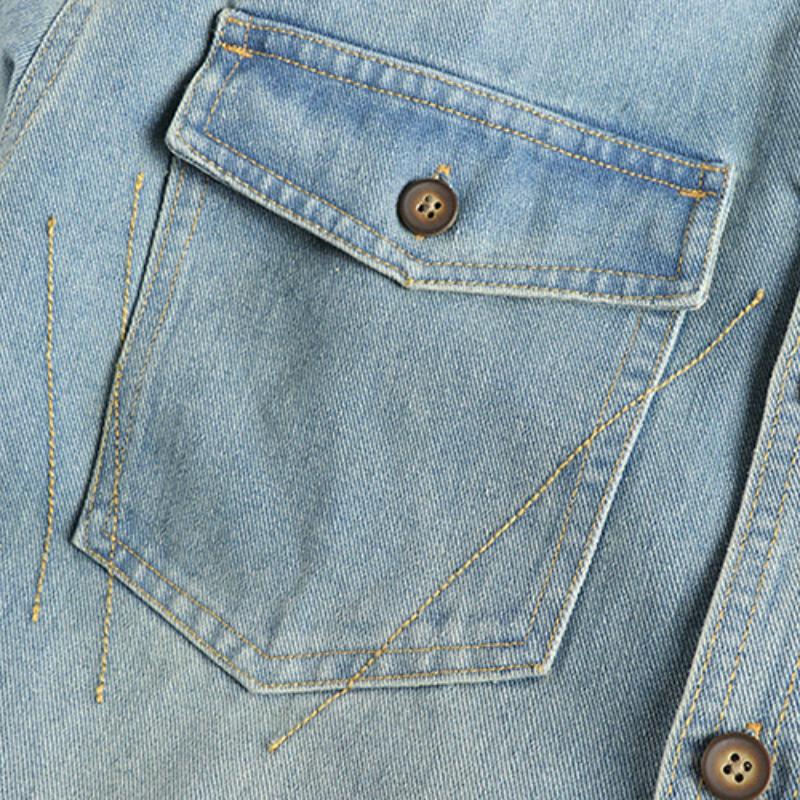 Men's Vintage Washed Denim Shirt with Cashew Flower Embroidery - Long Sleeve Style 40220583M