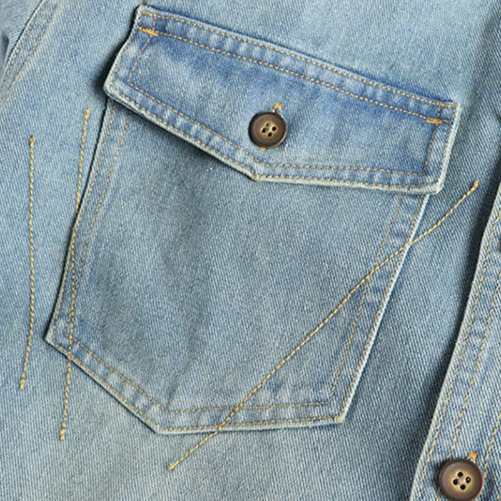Men's Vintage Washed Denim Shirt with Cashew Flower Embroidery - Long Sleeve Style 40220583M