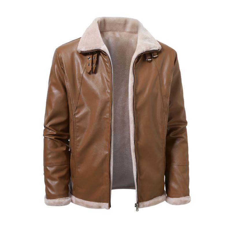 Men's Slim Fit Vintage Leather Jacket with Thick Warm Fur Lapel and Zipper