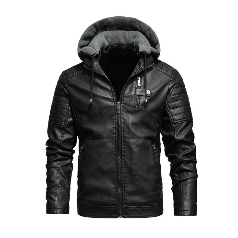 Men's Slim Fit Vintage Hooded Fleece Zip-Up Leather Jacket