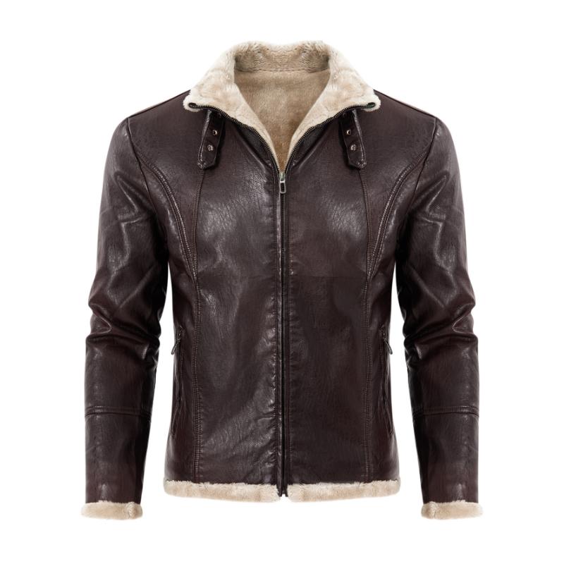Men's Slim Fit Vintage Leather Jacket with Thick Warm Fur Lapel and Zipper