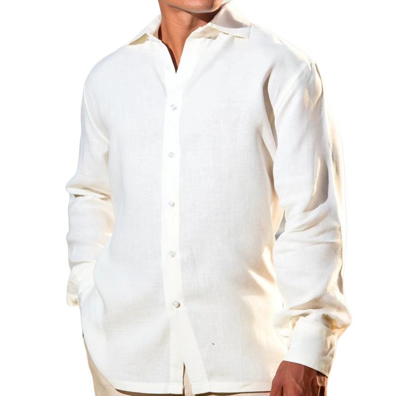 Camisa de manga larga de color liso con solapa para hombre