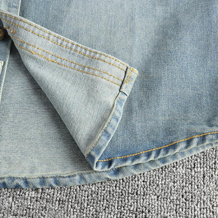Men's Vintage Washed Denim Shirt with Cashew Flower Embroidery - Long Sleeve Style 40220583M