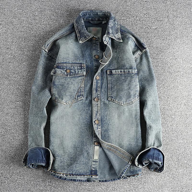 Men's Vintage Washed Denim Shirt with Cashew Flower Embroidery - Long Sleeve Style 40220583M