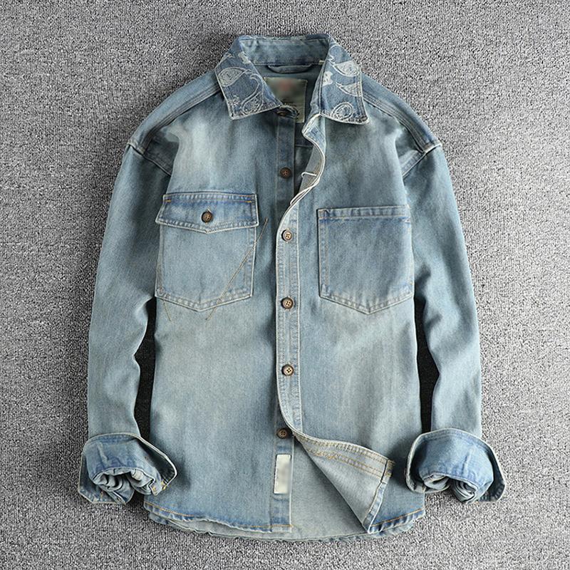 Men's Vintage Washed Denim Shirt with Cashew Flower Embroidery - Long Sleeve Style 40220583M