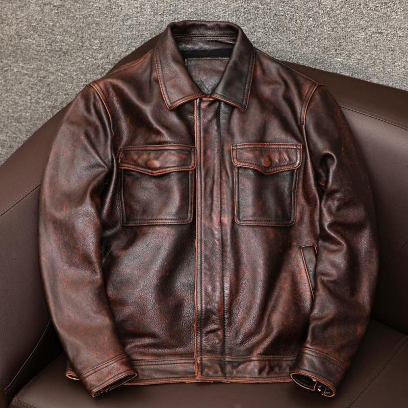 Men's Retro Leather Jacket with Double Chest Pockets and Lapel
