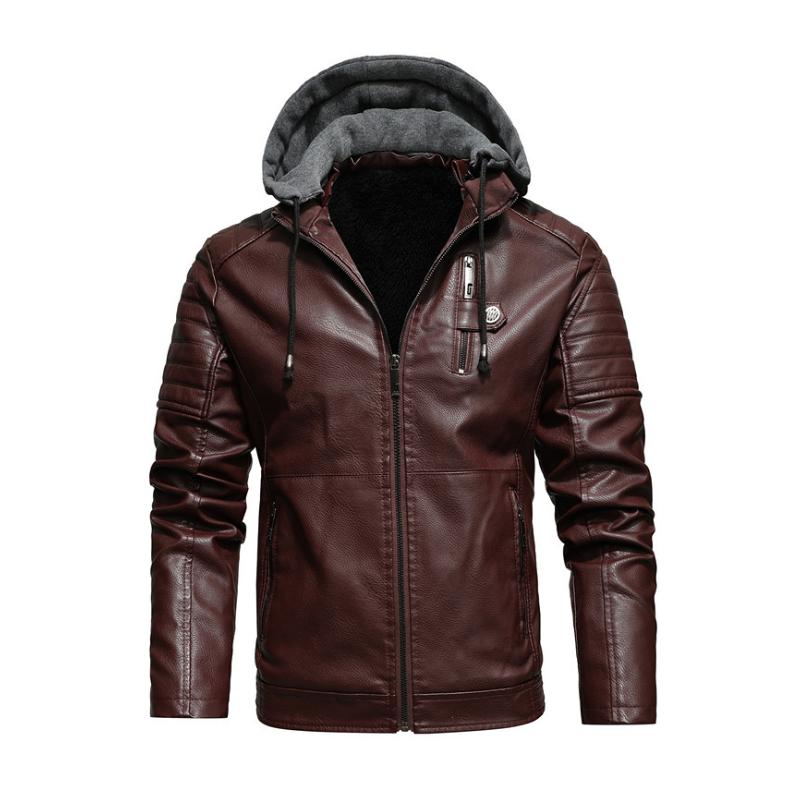 Men's Slim Fit Vintage Hooded Fleece Zip-Up Leather Jacket