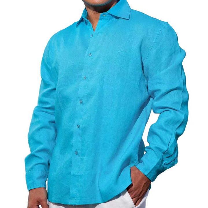 Camisa de manga larga de color liso con solapa para hombre