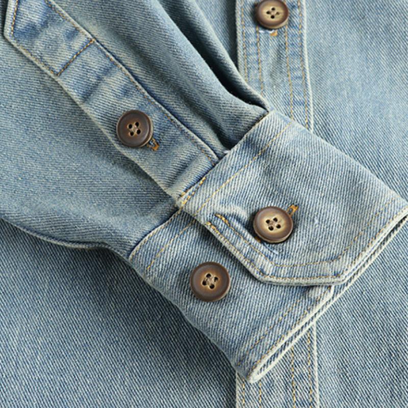 Men's Vintage Washed Denim Shirt with Cashew Flower Embroidery - Long Sleeve Style 40220583M