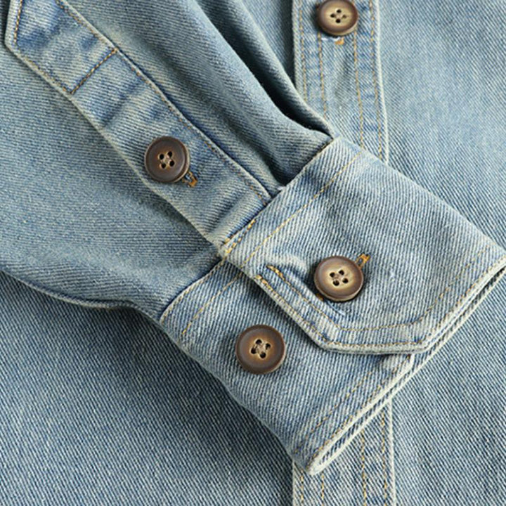 Men's Vintage Washed Denim Shirt with Cashew Flower Embroidery - Long Sleeve Style 40220583M