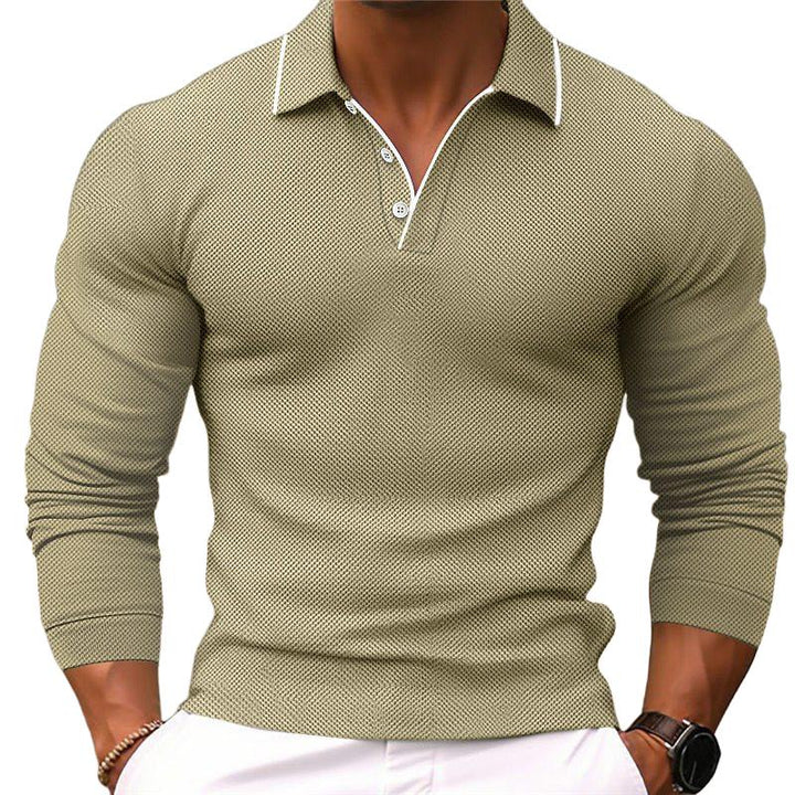 Men's Slim Fit Solid Color Cotton Blend Long Sleeve Polo Shirt with Lapel - 24-Hour Shipping Available (Model 54171993Y)