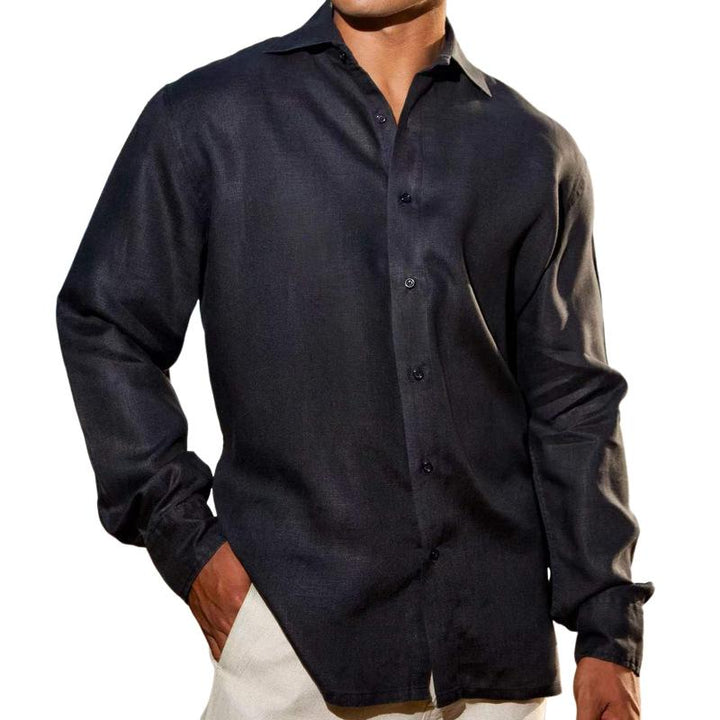 Camisa de manga larga de color liso con solapa para hombre