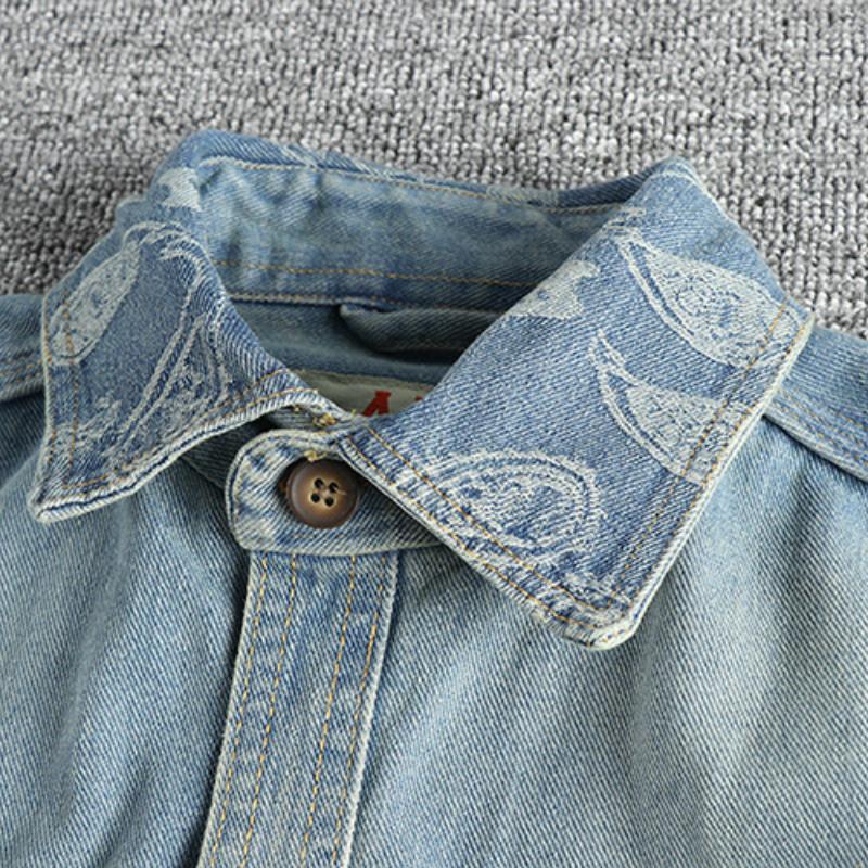 Men's Vintage Washed Denim Shirt with Cashew Flower Embroidery - Long Sleeve Style 40220583M