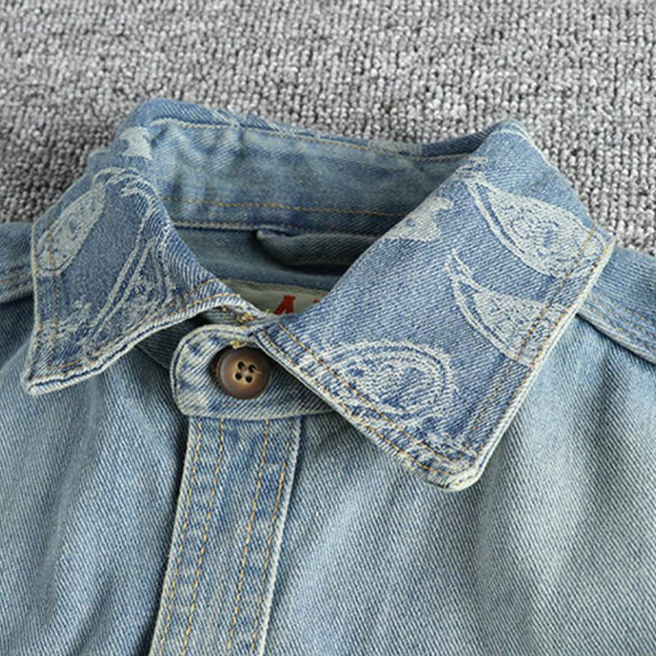 Men's Vintage Washed Denim Shirt with Cashew Flower Embroidery - Long Sleeve Style 40220583M
