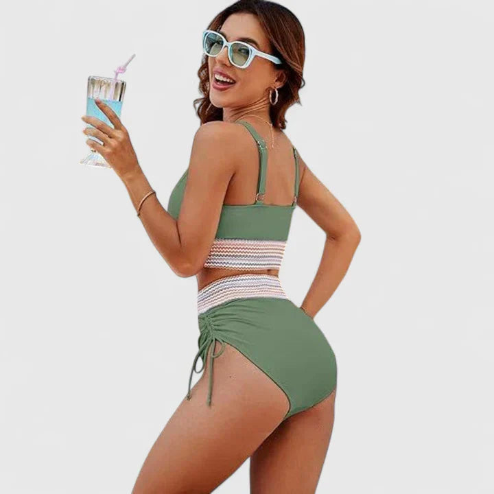 Bikini verde salvia de talle alto con top cruzado para mujer